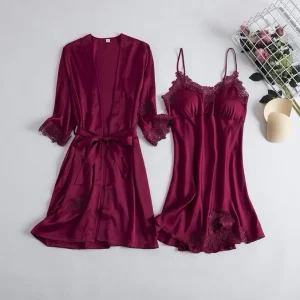 VICTORIA - Kimono One Set Dress+Outer Lingerie Ice Silk Kimono Panjang Baju Tidur Wanita Premium Set 2in1 Sexy Hot