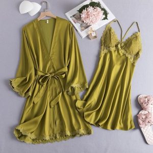 One Set Kimono Lingerie - Gaun Tidur Wanita - Baju Dinas Istri Satu Set - Dress Tidur Kimono Ice Silk Adem Lembut Premium